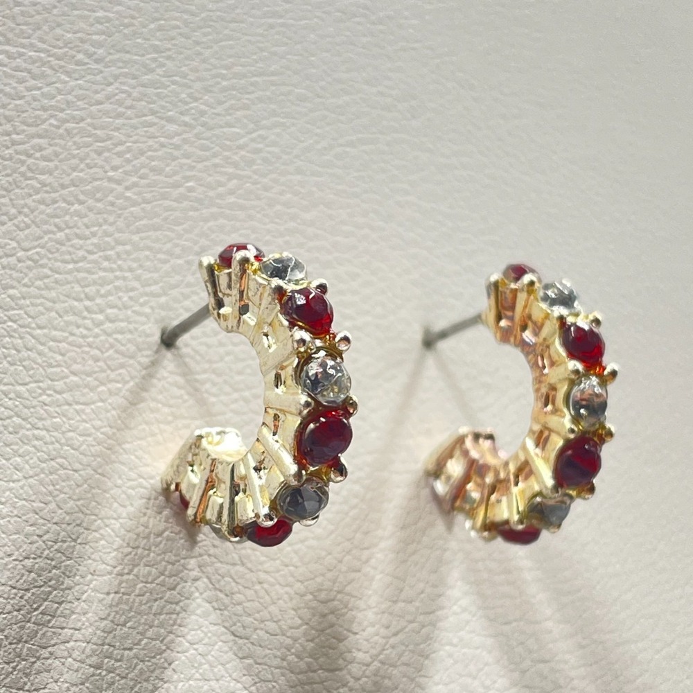 Vintage Y2K Gold Tone Red Clear Rhinestone Huggie Hoop Earrings Boho Bling Party
